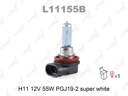 Лампа галогенная H11 LYNXauto Super White 12В, 55Вт от 3800К (холодный белый) PGJ19-2